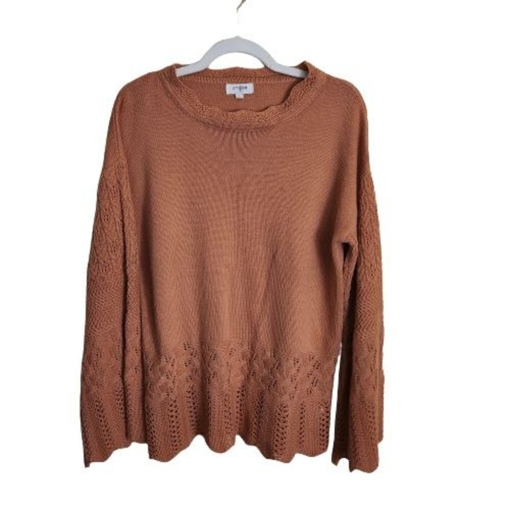 Umgee Orange Crochet Bell Sleeve Cotton Blend Sweater Size L